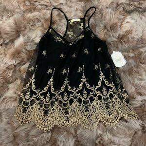 Elegant Black and Gold Embroidered Tank Top